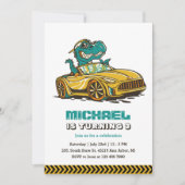 Invitation T-Rex Dinosaur Drive Voiture Jaune Garçons Anniver (Devant)