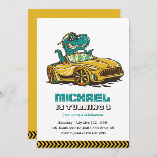 Invitation T-Rex Dinosaur Drive Voiture Jaune Garçons Anniver