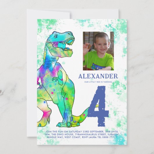 Invitation T-Rex Dinosaur, fête d'anniversaire Photo (Devant)