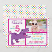 Invitation T-Rex Dinosaur Polka Dot Violet Anniversaire (Devant / Derrière)