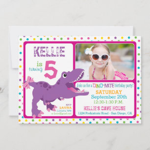 Invitation T-Rex Dinosaur Polka Dot Violet Anniversaire