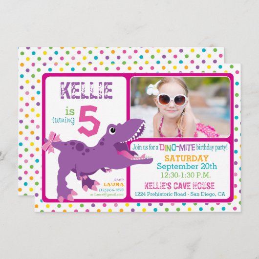 Invitation T-Rex Dinosaur Polka Dot Violet Anniversaire (Devant / Derrière)