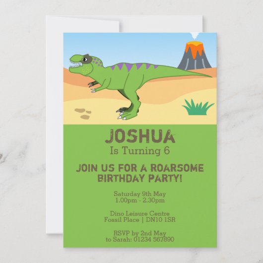 Invitation T-Rex Dinosaur & Volcano 6e fête d'anniversaire (Devant)