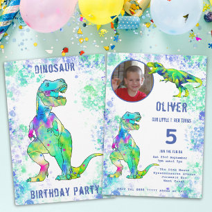 Invitation T. rex Dinosaure Photo 5ème Anniversaire Vert Bleu