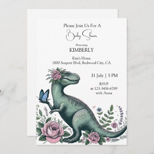 Invitation T-Rex doux en fleurs (Devant / Derrière)