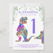 Invitation T. rex filles 1er anniversaire fête violet (Devant)