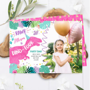 Invitation T-Rex Pink Dinosaur Girl Dino Quatre 4e anniversai
