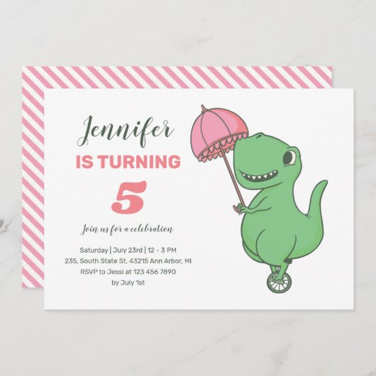 Invitation T-rex Ride Unicycle Cute Dinosaur Filles Anniversa (Devant / Derrière)