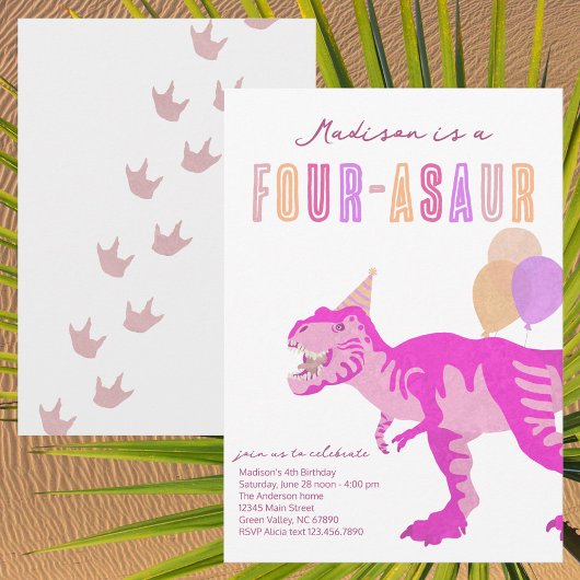 Invitation T-Rex Rose Quatre-Asaur Dino Quatrième fête d'anni