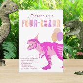 Invitation T-Rex Rose Quatre-Asaur Dino Quatrième fête d'anni