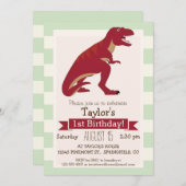 Invitation T-Rex rouge sur Pastel Green Stripes (Devant / Derrière)