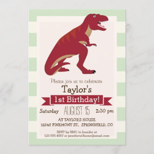 Invitation T-Rex rouge sur Pastel Green Stripes