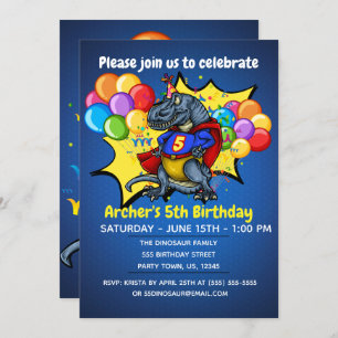 Invitation T-Rex Superhero 5e anniversaire