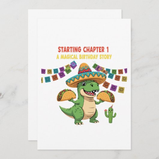Invitation T-Rex Taco Fiesta 1er anniversaire | Chapitre de d (Devant / Derrière)
