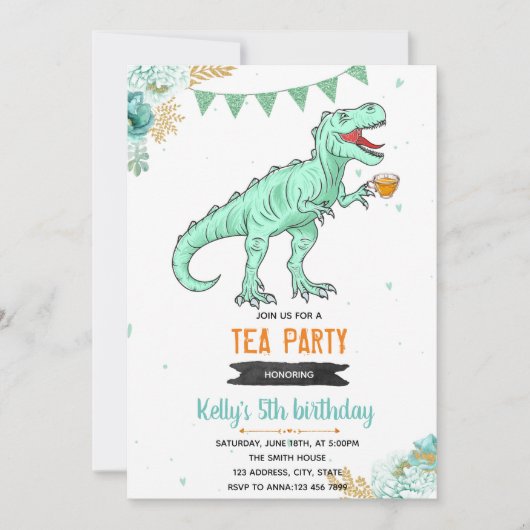 Invitation T-rex tea girl party (Devant)