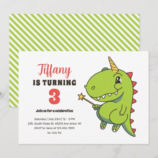 Invitation T-Rex Unicorn Fairy Kids Dinosaur Anniversaire (Devant / Derrière)