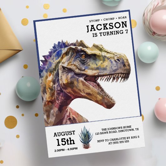 Invitation T-Rex Watercolor Dinosaur Anniversaire de enfant P
