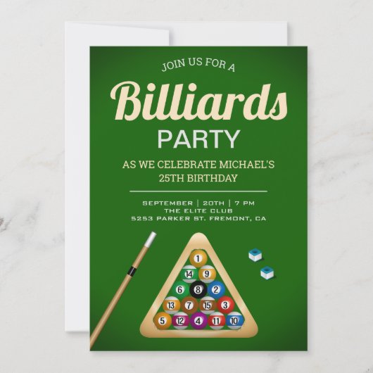 Invitation Table de billard vert Billard Snooker Anniversaire (Devant)