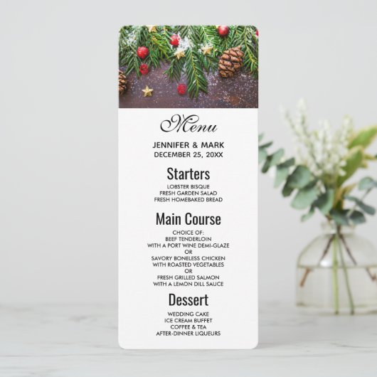 Invitation Table de Noël rustique avec pin et neige (Debout devant)