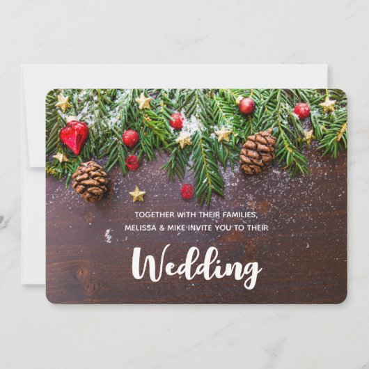Invitation Table de Noël rustique avec pin et neige de mariag (Devant)