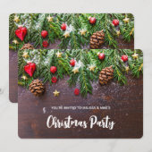 Invitation Table de Noël rustique avec pin et neige de Noël (Devant / Derrière)