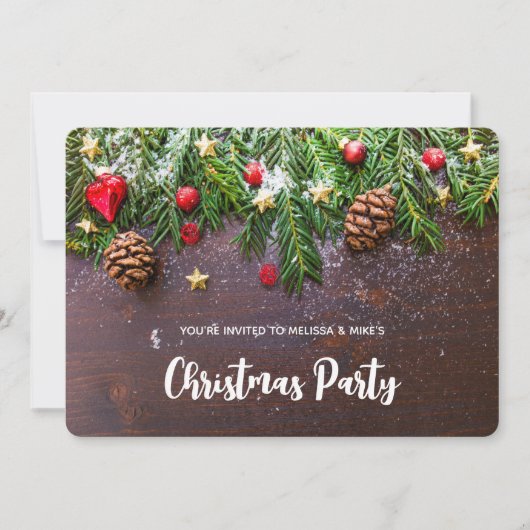 Invitation Table de Noël rustique avec pin et neige de Noël (Devant)