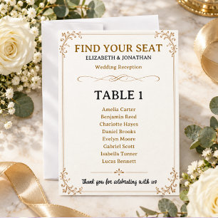 Invitation Table de placement élégante en or filigrané vintag