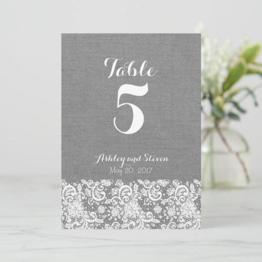 Invitation Table number rustic wedding - gray burlap and lace (Debout devant)