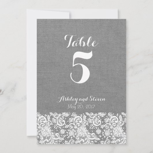 Invitation Table number rustic wedding - gray burlap and lace (Dos)