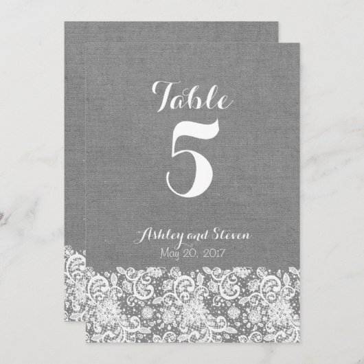 Invitation Table number rustic wedding - gray burlap and lace (Devant / Derrière)