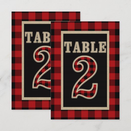 Invitation Table numéro 2 rustique à carreaux rouge et noir B (Devant / Derrière)