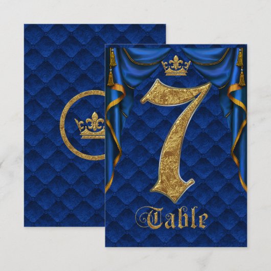 Invitation Table Numéro 7 Mariage Couronne Dorée Bleu Royal (Devant / Derrière)