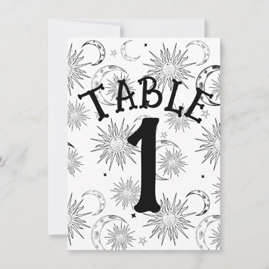 Invitation Table numéro Soleil Lune Étoiles Noir & Blanc (Devant)