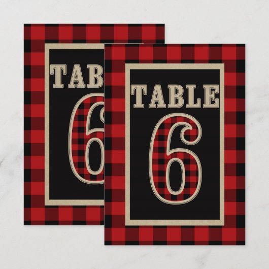 Invitation Table rustique numéro 6 à carreaux rouges et noirs (Devant / Derrière)