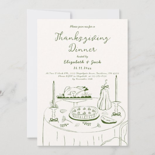 Invitation Table Tirée À Main Orange & Blanc Thanksgiving Par (Devant)