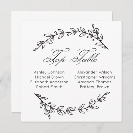 Invitation Table top simple pour mariage. Plan de table botan (Devant / Derrière)