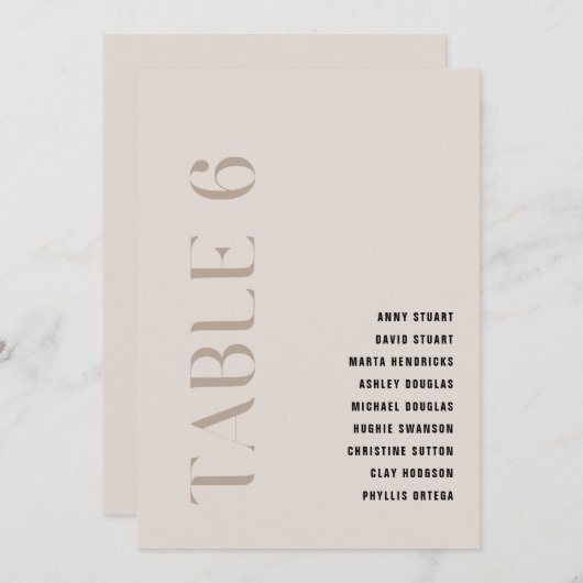 Invitation Tableau 6 Moderne Gras Mariage Beige Numéro de tab (Devant / Derrière)