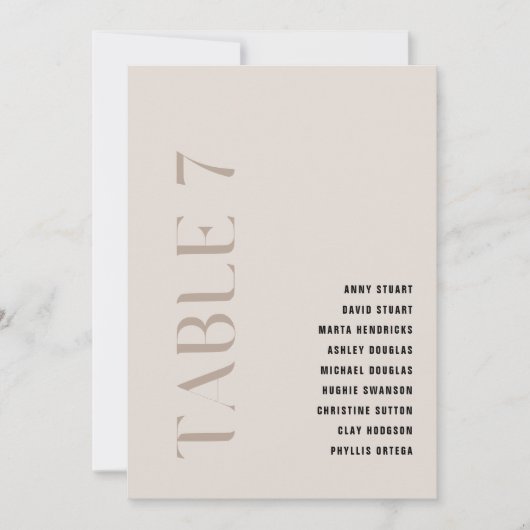 Invitation Tableau 7 Moderne Gras Mariage Beige Numéro de tab (Devant)