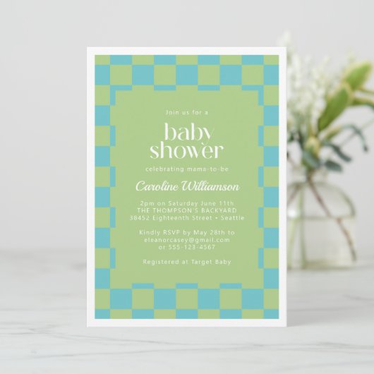 Invitation Tableau À damiers Baby shower bleu vert (Debout devant)