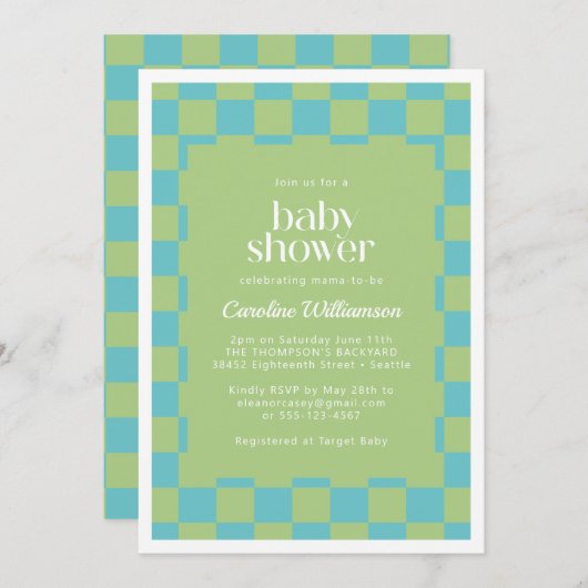 Invitation Tableau À damiers Baby shower bleu vert (Devant / Derrière)
