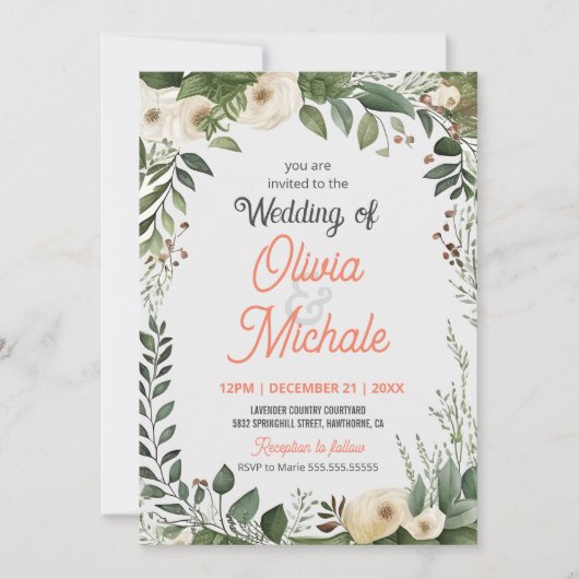 Invitation Tableau Abstrait Mariage Floral Cadre vert (Devant)
