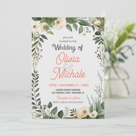 Invitation Tableau Abstrait Mariage Floral Cadre vert (Debout devant)