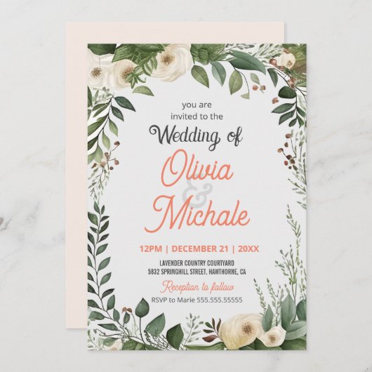 Invitation Tableau Abstrait Mariage Floral Cadre vert (Devant / Derrière)