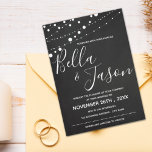 Invitation Tableau De Bord Avec Éclairage À Chaîne Mariage Bl<br><div class="desc">Tableau De Bord Avec Éclairage À Chaîne Faire-part de mariage Blanc Noir. Envoyez ces élégants Chalkboard With String Lights Faire-part de mariage à la famille et aux amis. Ces belles invitations peuvent être entièrement customisées en changeant les noms de l'Épouse et de la Salle de mariage, la Date du et...</div>