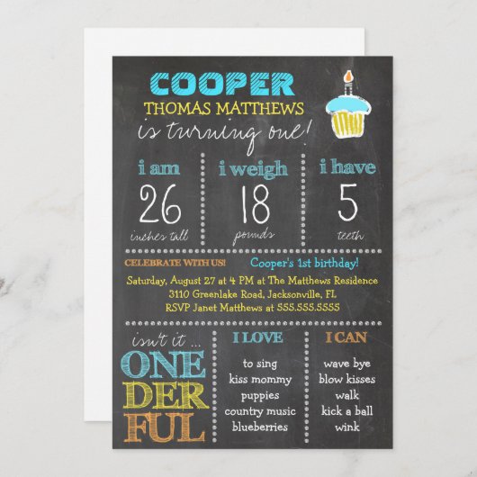 Invitation Tableau de garçon d'anniversaire d'Onederful de (Devant / Derrière)