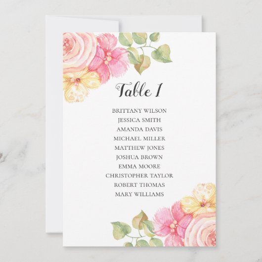 Invitation Tableau de mariage avec fleurs roses. Plan de tabl (Devant)
