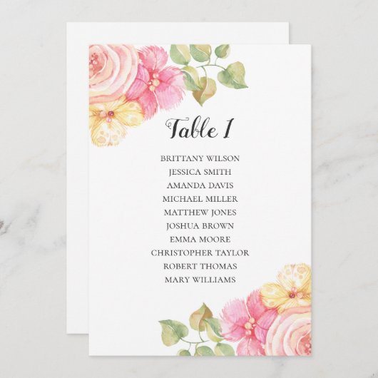Invitation Tableau de mariage avec fleurs roses. Plan de tabl (Devant / Derrière)