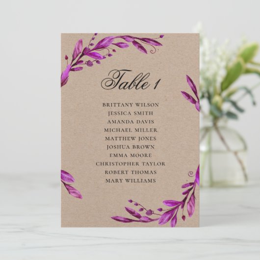 Invitation Tableau de placement de mariage rustique violet. C (Debout devant)