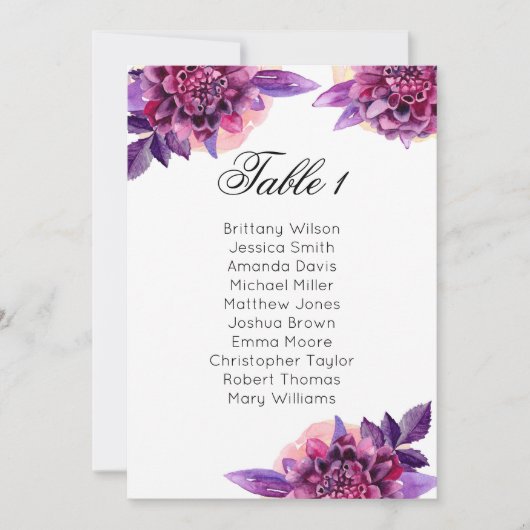 Invitation Tableau de sièges mariage violet. Plan de table fl (Devant)