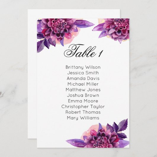 Invitation Tableau de sièges mariage violet. Plan de table fl (Devant / Derrière)